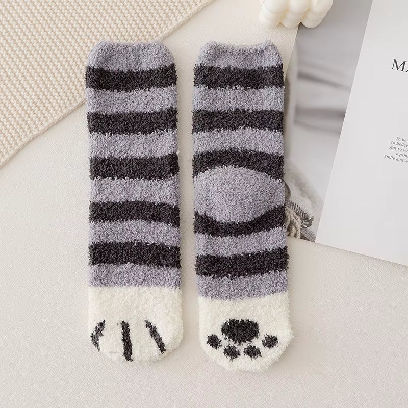 Autumn Winter Coral Velvet Socks Cute Cat Claw Socks for Women Children Girls Middle Tube Thickened Sleep Socks Home Floor Socks