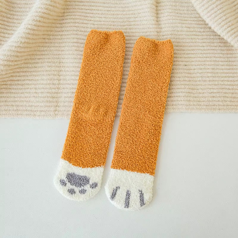 Autumn Winter Coral Velvet Socks Cute Cat Claw Socks for Women Children Girls Middle Tube Thickened Sleep Socks Home Floor Socks