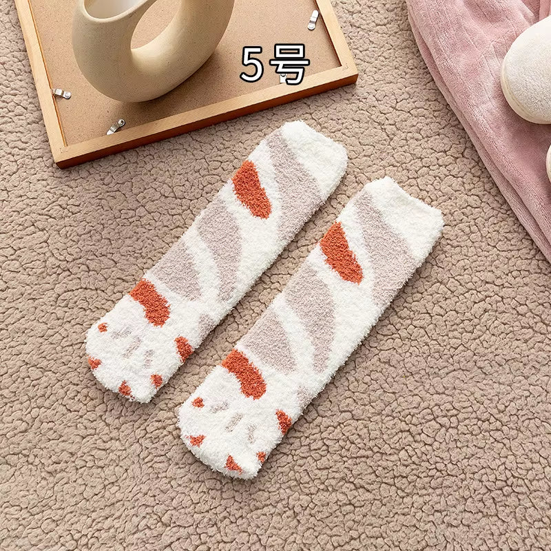 Autumn Winter Coral Velvet Socks Cute Cat Claw Socks for Women Children Girls Middle Tube Thickened Sleep Socks Home Floor Socks