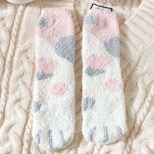 Autumn Winter Coral Velvet Socks Cute Cat Claw Socks for Women Children Girls Middle Tube Thickened Sleep Socks Home Floor Socks