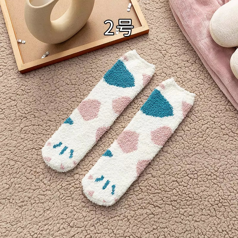 Autumn Winter Coral Velvet Socks Cute Cat Claw Socks for Women Children Girls Middle Tube Thickened Sleep Socks Home Floor Socks