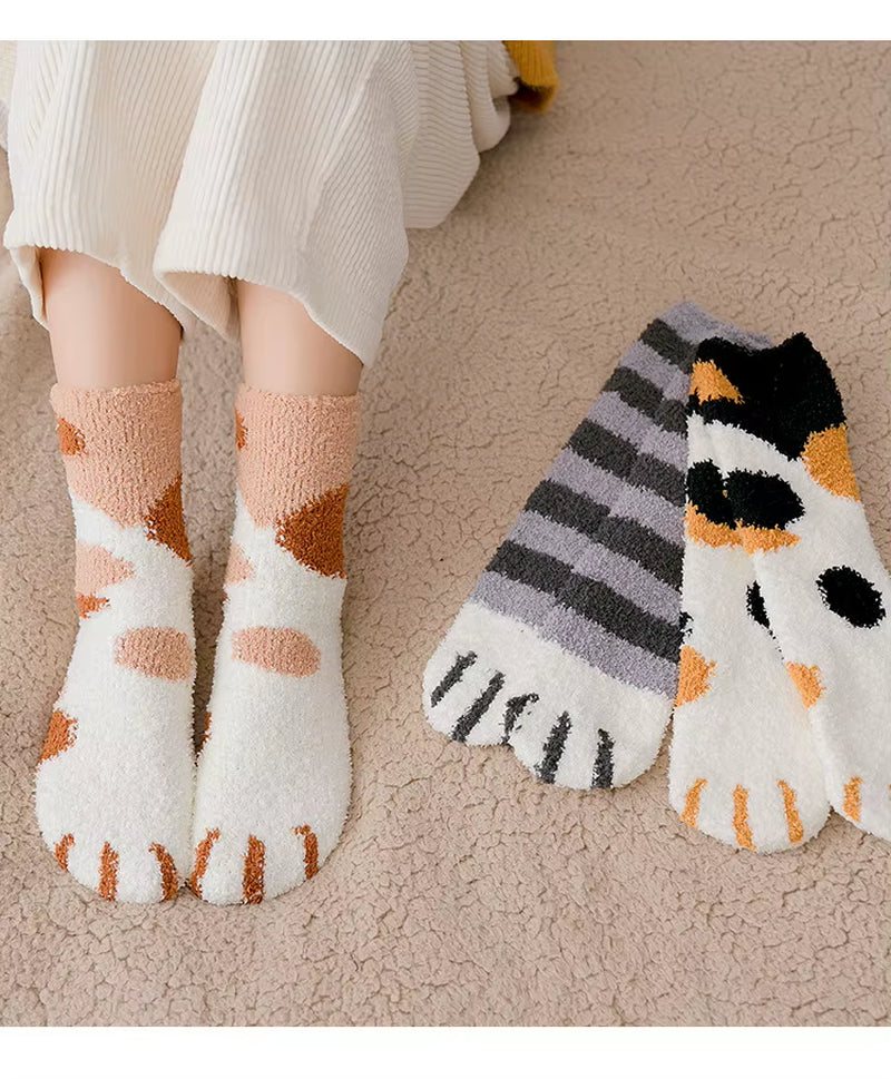 Autumn Winter Coral Velvet Socks Cute Cat Claw Socks for Women Children Girls Middle Tube Thickened Sleep Socks Home Floor Socks