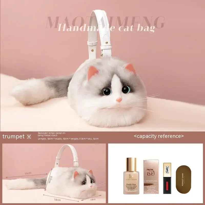 One Shoulder Bag Female Design Small Man Messenger Bag Versatile Hand Made Autumn and Winter Plush Cute Cat Bag