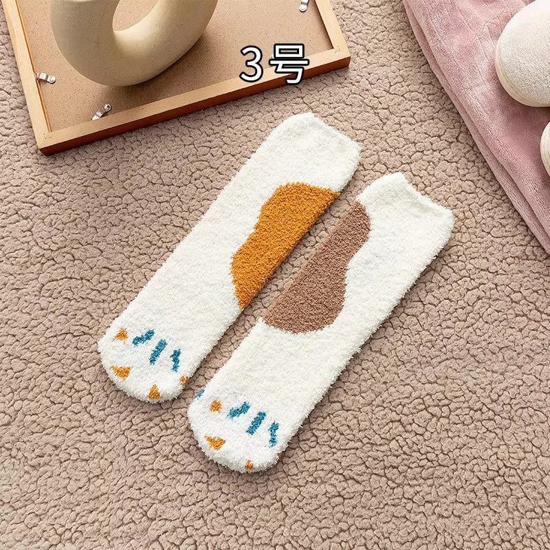 Autumn Winter Coral Velvet Socks Cute Cat Claw Socks for Women Children Girls Middle Tube Thickened Sleep Socks Home Floor Socks